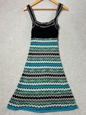 Vintage Bebe Black and Teal Zigzag Knit Dress